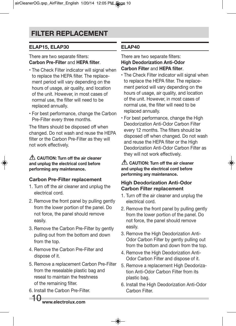 Filter replacement | Electrolux ELAP40D8PW User Manual | Page 10 / 14