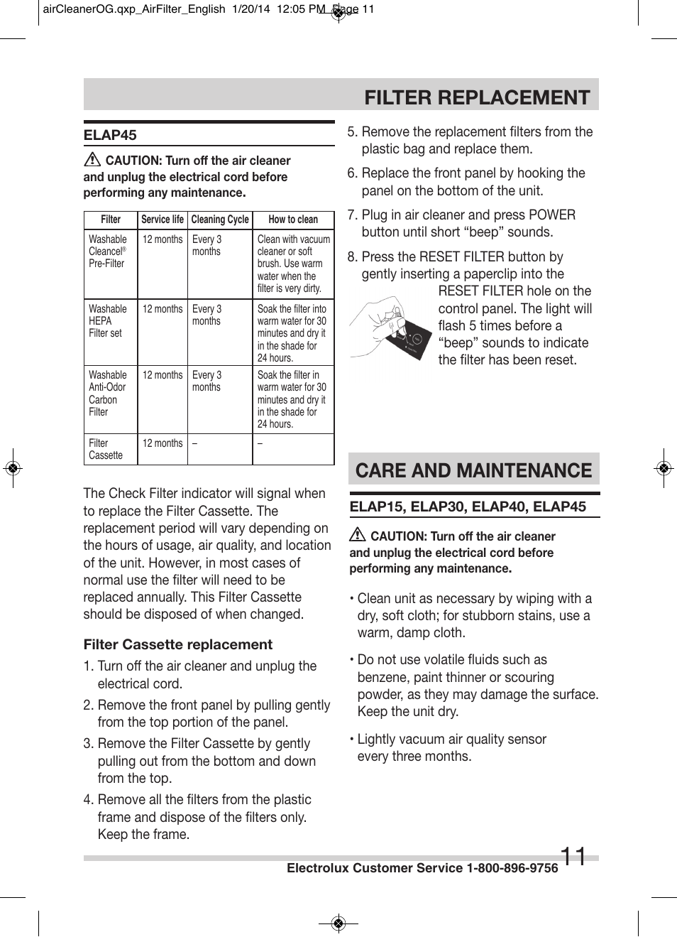 Filter replacement, Care and maintenance | Electrolux ELAP40D8PW User Manual | Page 11 / 14