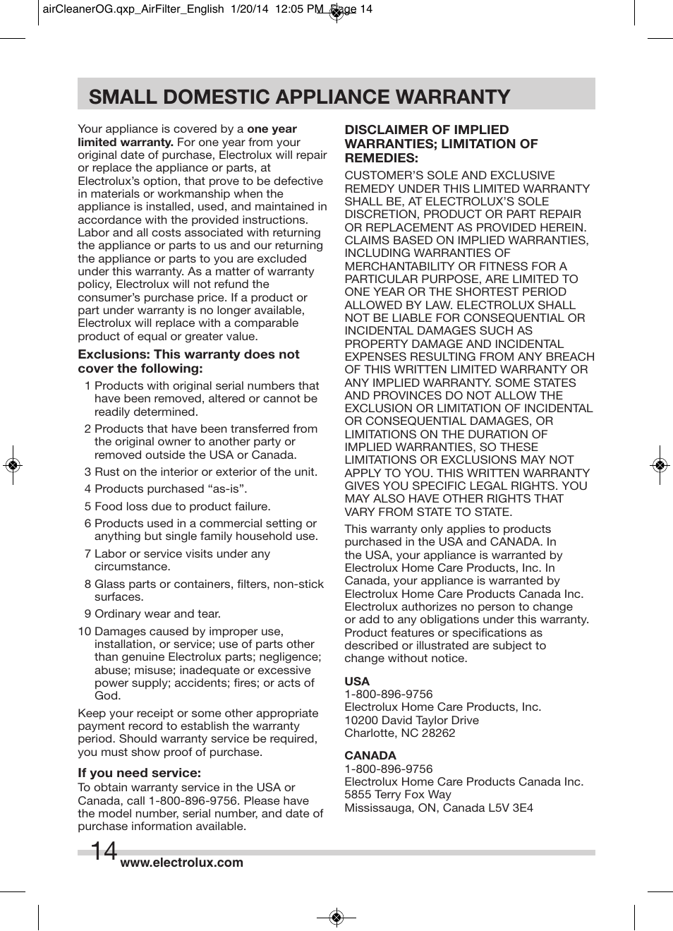 Small domestic appliance warranty | Electrolux ELAP40D8PW User Manual | Page 14 / 14