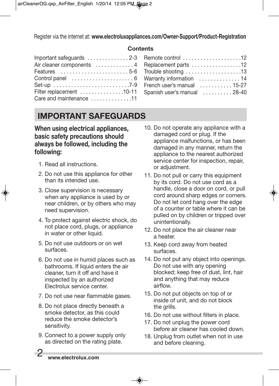 Important safeguards | Electrolux ELAP40D8PW User Manual | Page 2 / 14