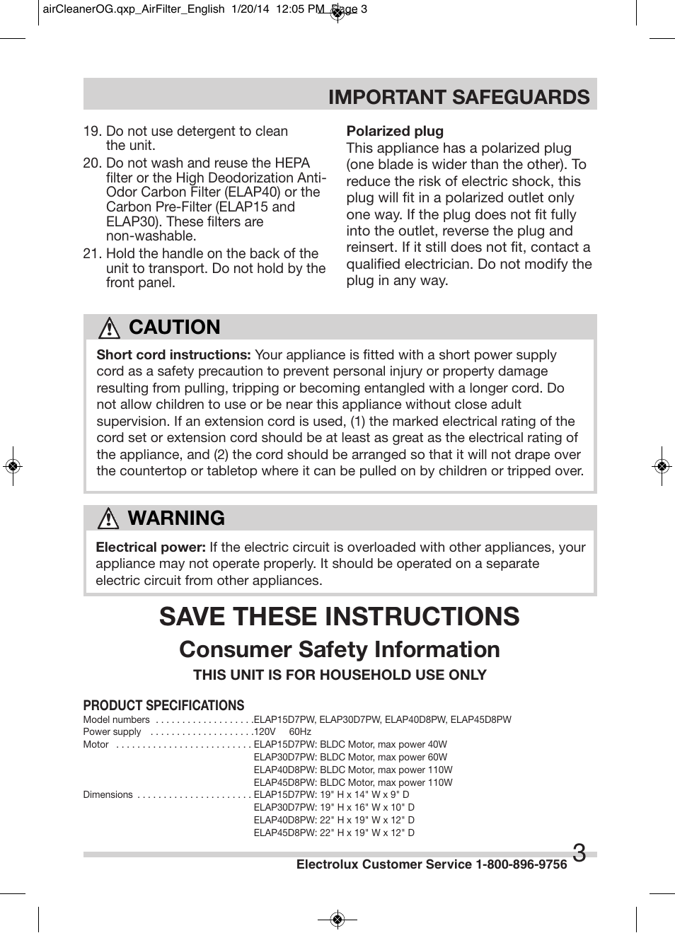 Save these instructions, Consumer safety information, Caution | Warning, Important safeguards | Electrolux ELAP40D8PW User Manual | Page 3 / 14