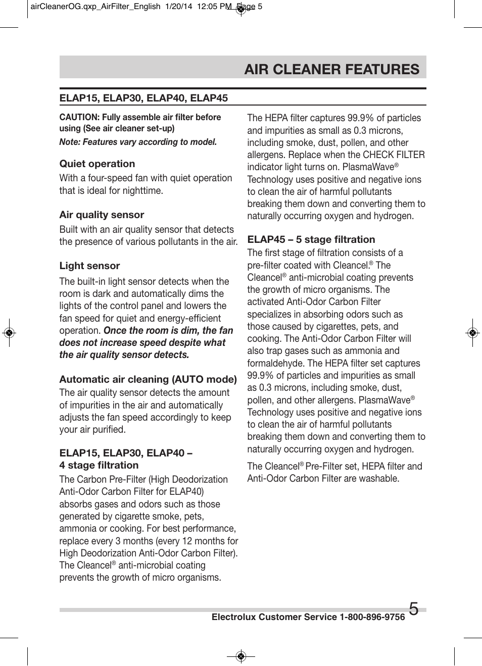 Air cleaner features | Electrolux ELAP40D8PW User Manual | Page 5 / 14