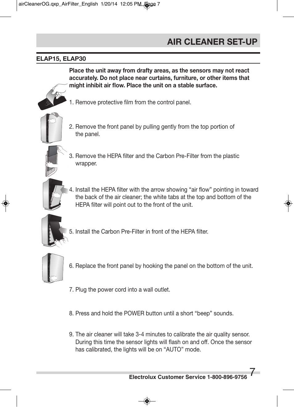 Air cleaner set-up | Electrolux ELAP40D8PW User Manual | Page 7 / 14