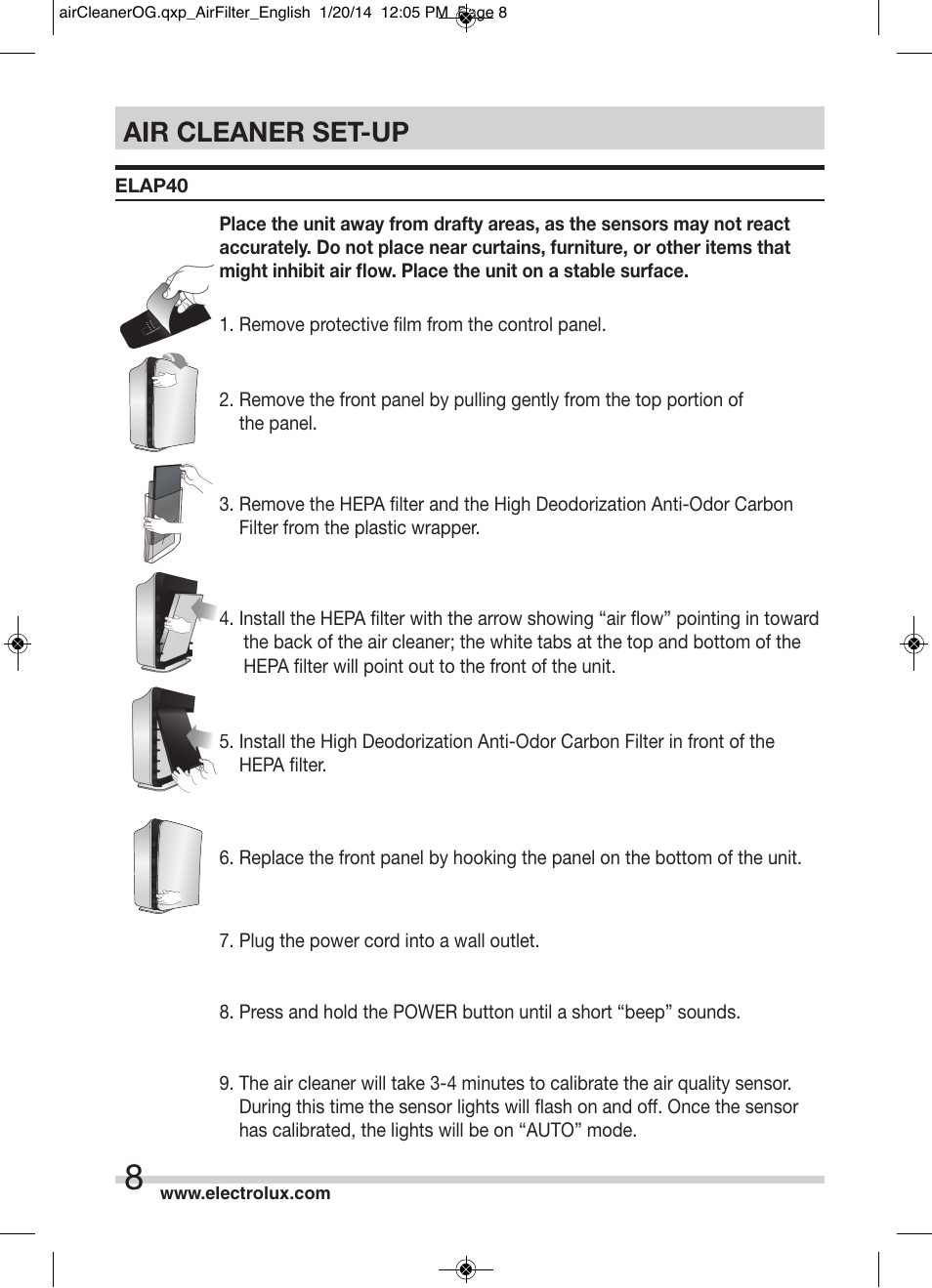 Air cleaner set-up | Electrolux ELAP40D8PW User Manual | Page 8 / 14