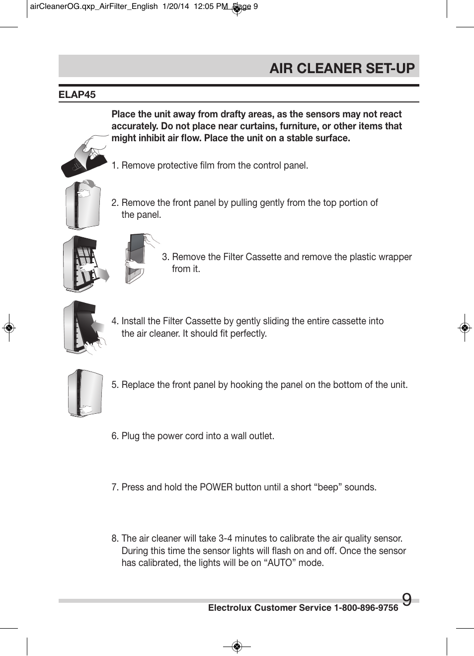 Air cleaner set-up | Electrolux ELAP40D8PW User Manual | Page 9 / 14