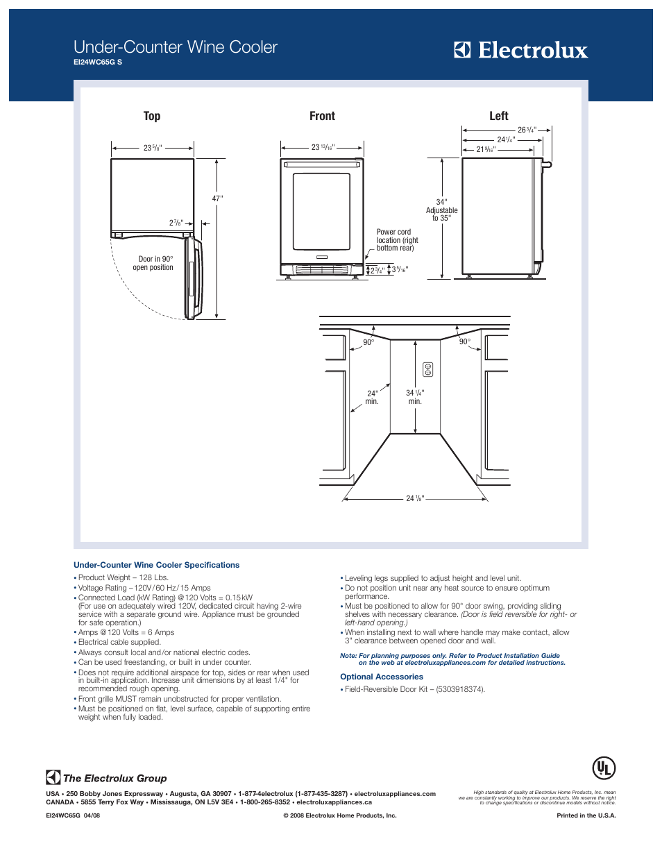 Under-counter wine cooler, Left, Front | Electrolux EI24WC65GS User Manual | Page 2 / 2