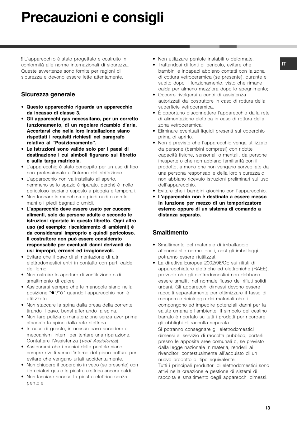 Precauzioni e consigli | Hotpoint Ariston PK 750 X-HA User Manual | Page 13 / 64