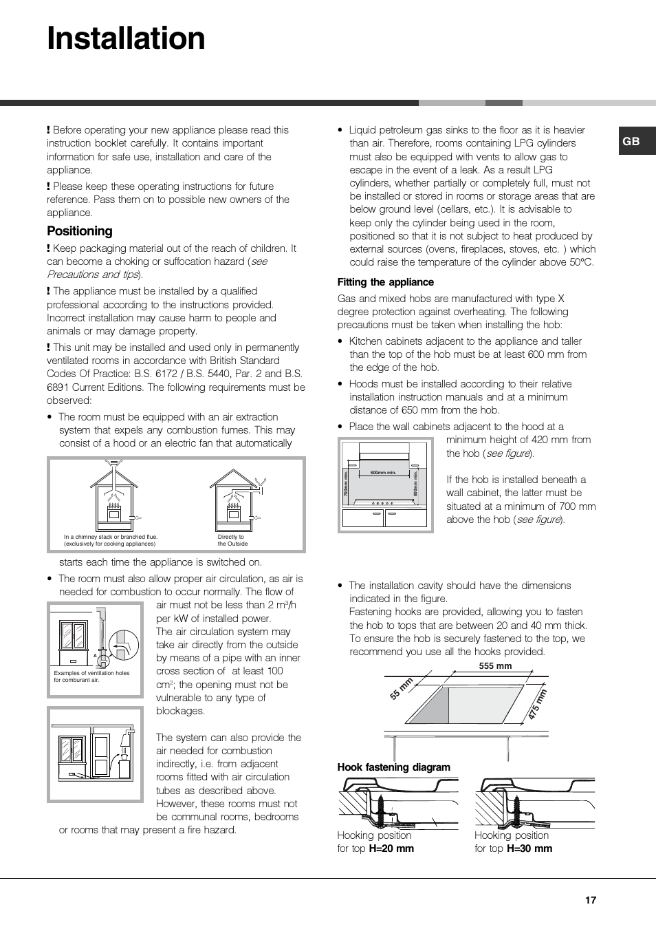 Installation, Positioning | Hotpoint Ariston PK 750 X-HA User Manual | Page 17 / 64