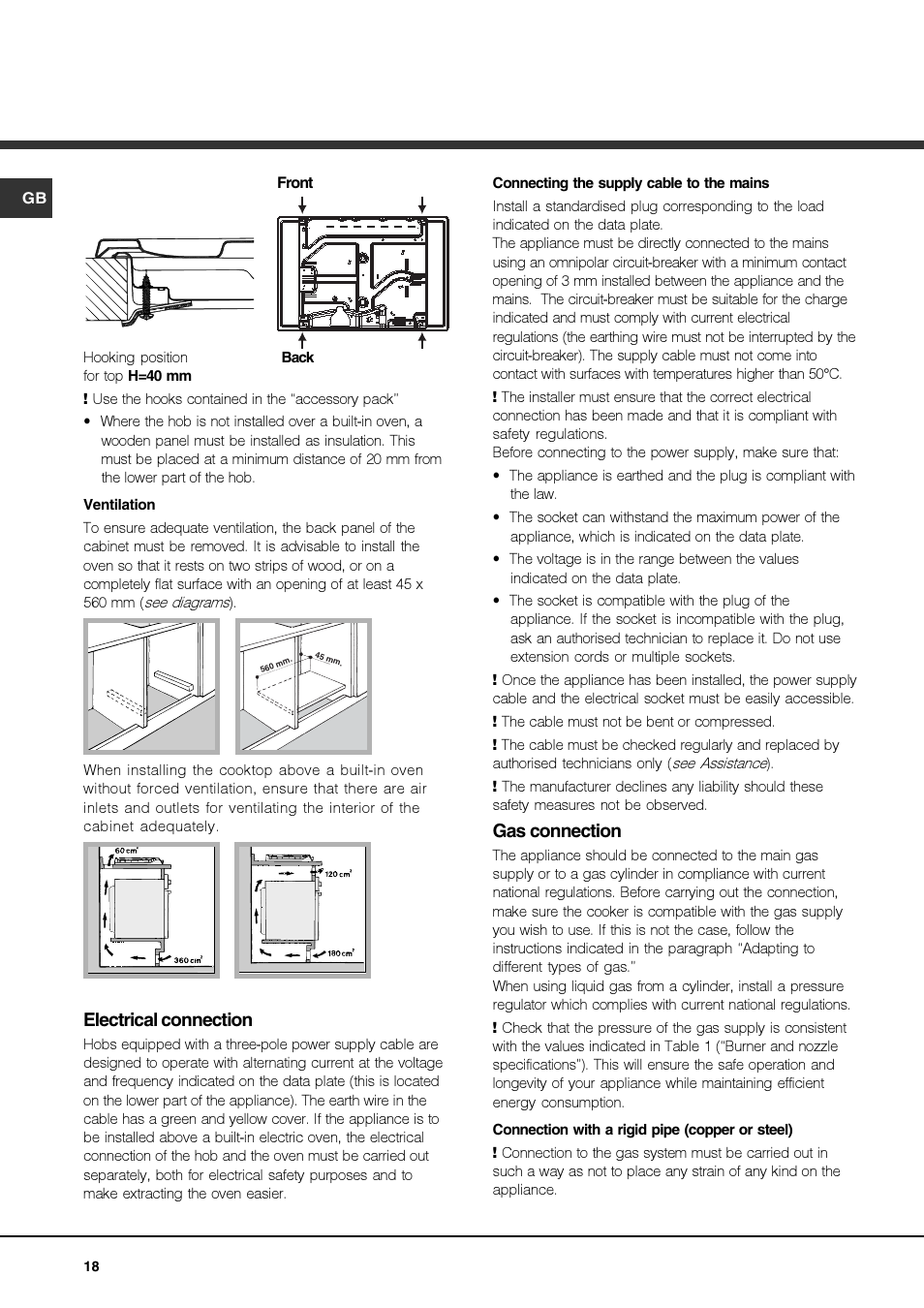 Electrical connection, Gas connection | Hotpoint Ariston PK 750 X-HA User Manual | Page 18 / 64