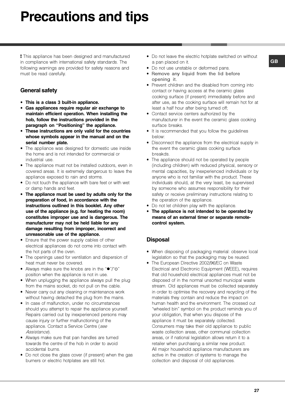 Precautions and tips | Hotpoint Ariston PK 750 X-HA User Manual | Page 27 / 64
