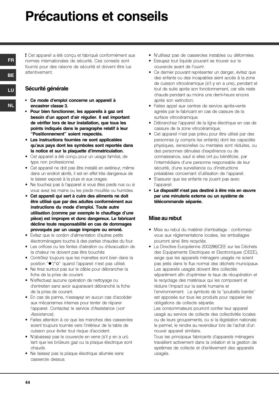 Précautions et conseils | Hotpoint Ariston PK 750 X-HA User Manual | Page 44 / 64