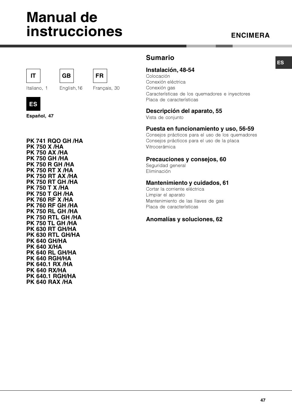 Manual de instrucciones, Encimera, Sumario | Hotpoint Ariston PK 750 X-HA User Manual | Page 47 / 64