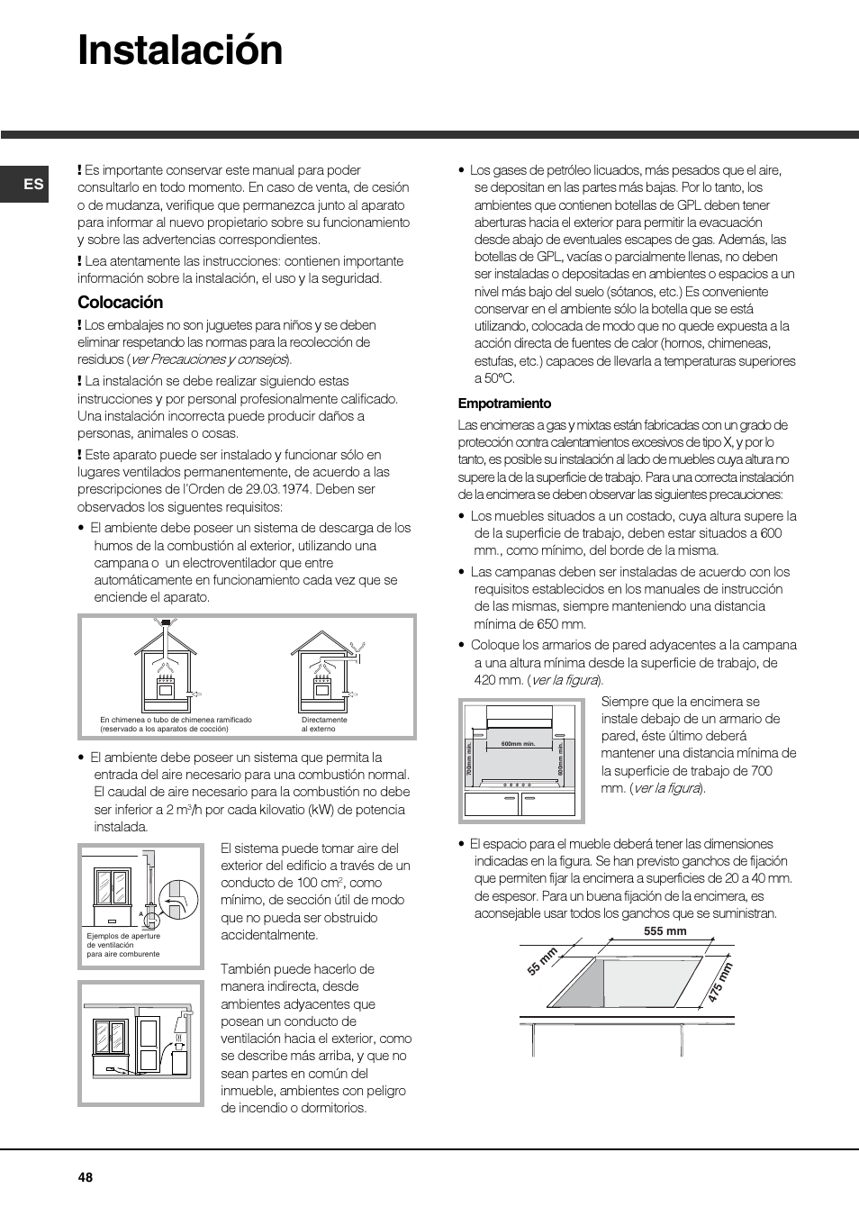 Instalación, Colocación | Hotpoint Ariston PK 750 X-HA User Manual | Page 48 / 64