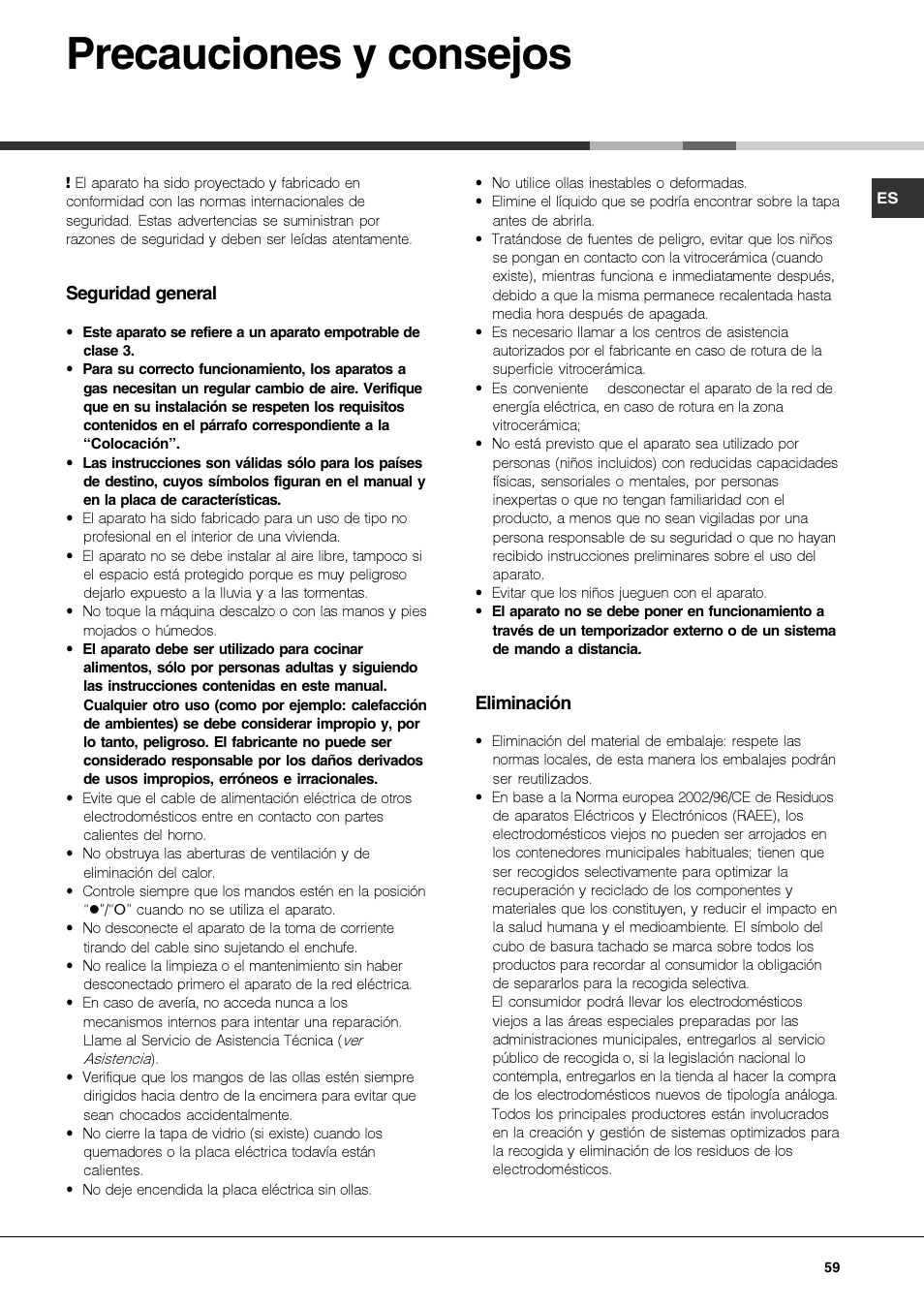 Precauciones y consejos | Hotpoint Ariston PK 750 X-HA User Manual | Page 59 / 64