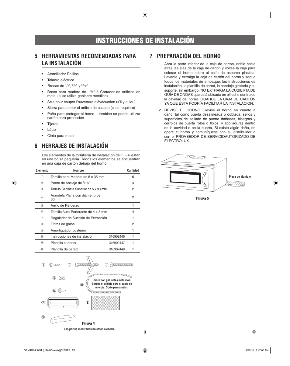 Instrucciones de instalación, 5 herramientas recomendadas para la instalación, 6 herrajes de instalación | 7 preparación del horno | Electrolux EI30BM55HS User Manual | Page 11 / 24