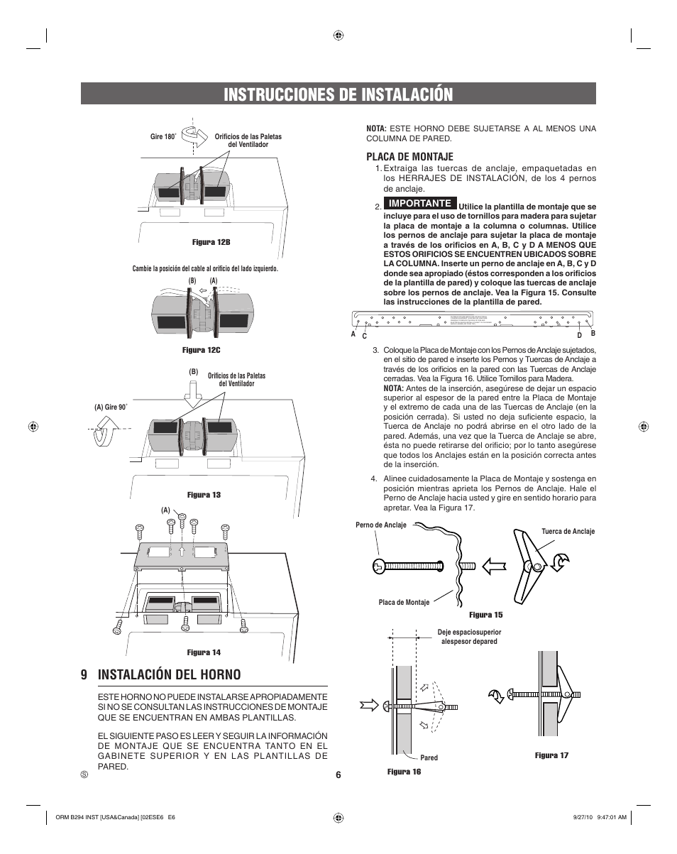 Instrucciones de instalación, 9 instalación del horno, Placa de montaje | Electrolux EI30BM55HS User Manual | Page 14 / 24