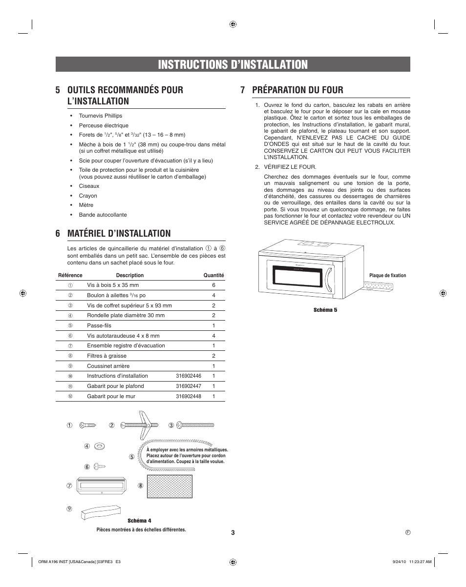 Instructions d’installation, 5 outils recommandés pour l ‚ installation, 6 matériel d’installation | 7 préparation du four | Electrolux EI30BM55HS User Manual | Page 19 / 24