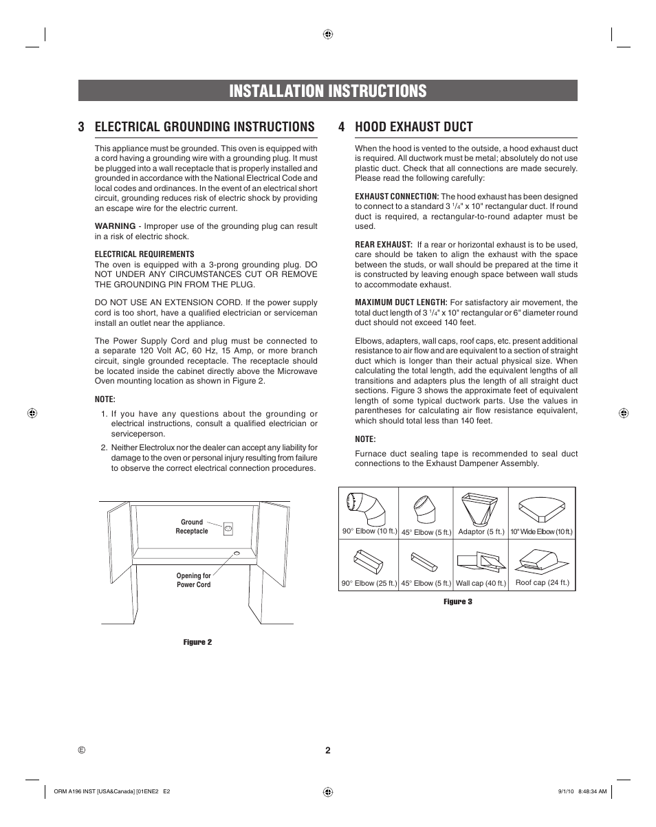 Installation instructions, 3 electrical grounding instructions, 4 hood exhaust duct | Electrolux EI30BM55HS User Manual | Page 2 / 24