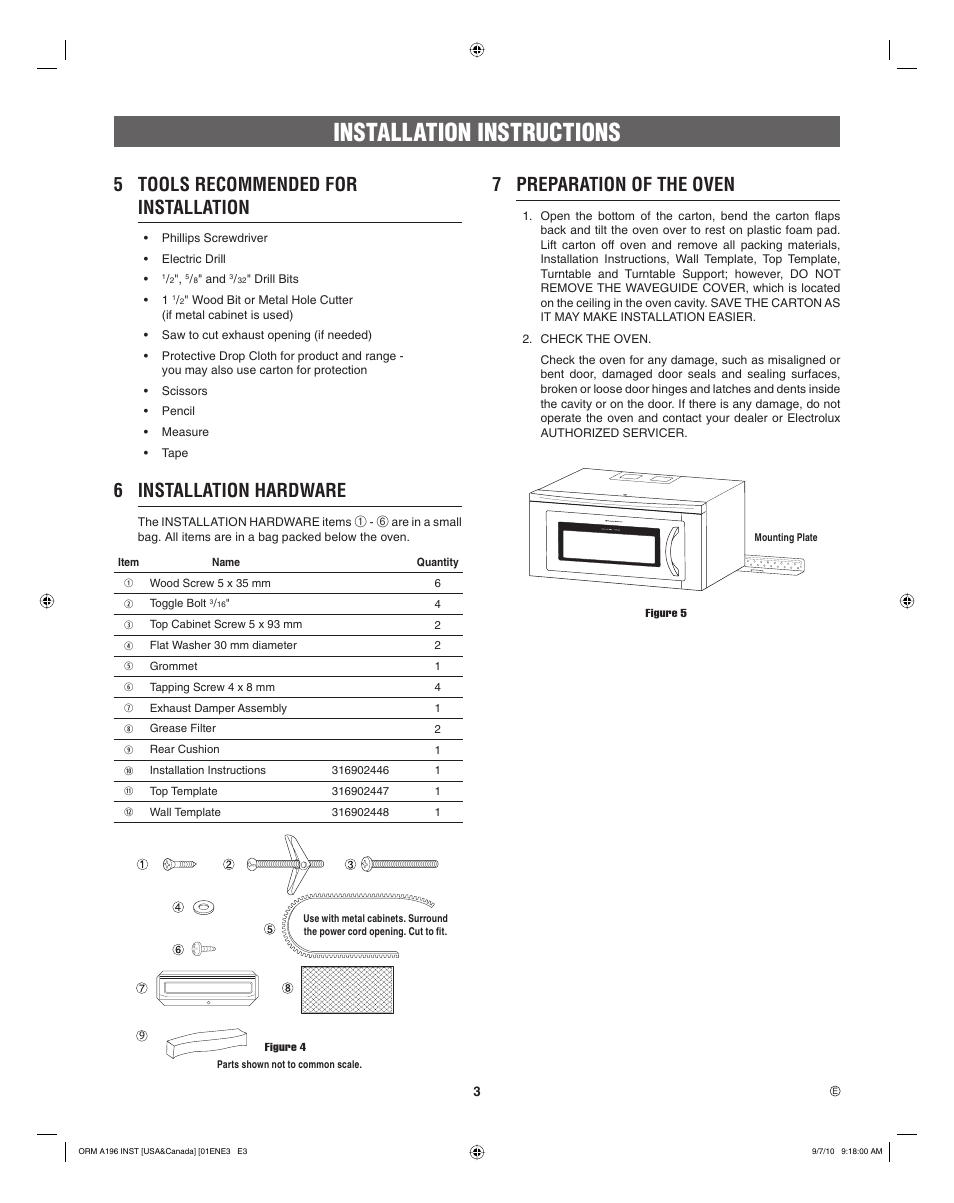 Installation instructions, 5 tools recommended for installation, 6 installation hardware | 7 preparation of the oven | Electrolux EI30BM55HS User Manual | Page 3 / 24