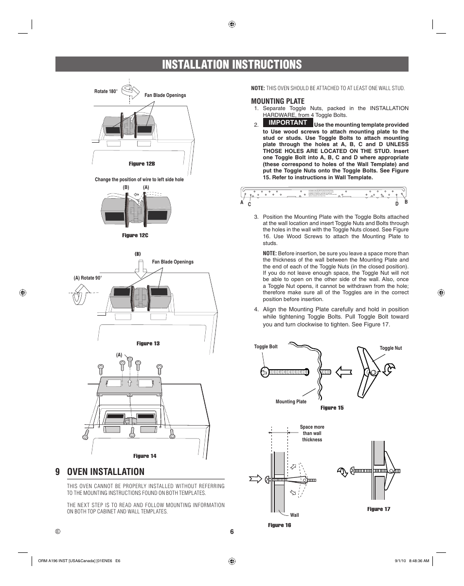 Installation instructions, 9 oven installation, Mounting plate | Electrolux EI30BM55HS User Manual | Page 6 / 24
