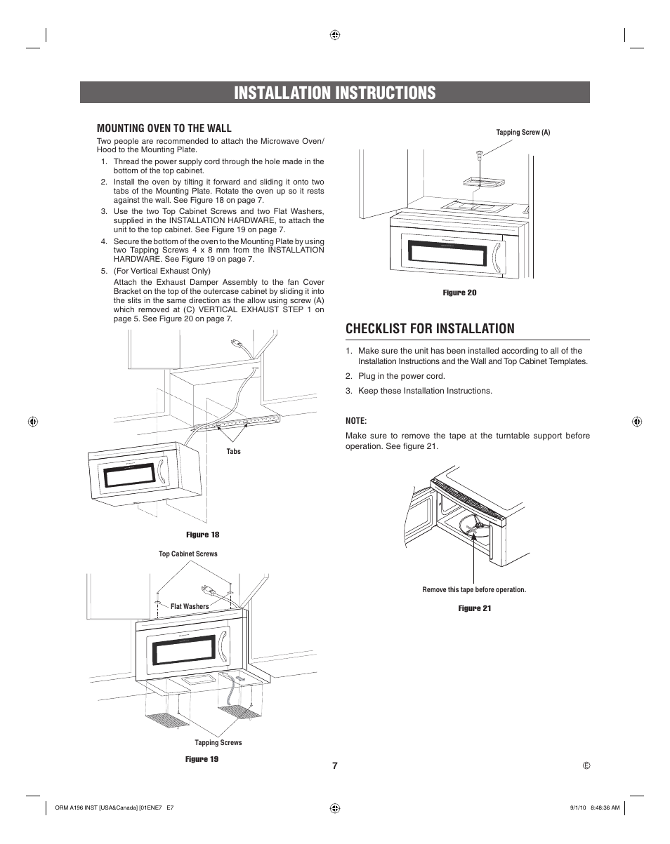 Installation instructions, Checklist for installation | Electrolux EI30BM55HS User Manual | Page 7 / 24