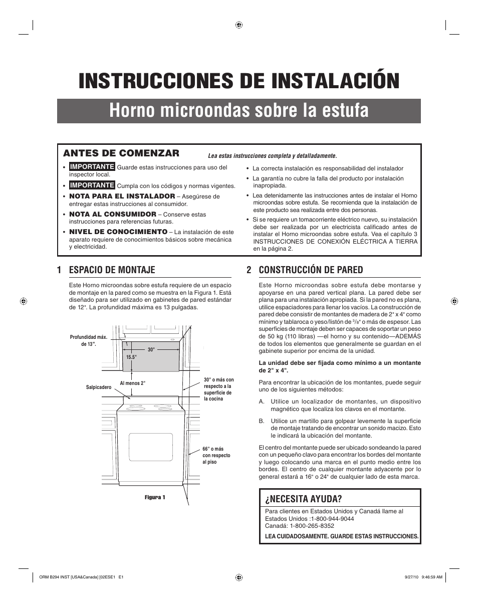Instrucciones de instalación, Horno microondas sobre la estufa, 1 espacio de montaje | 2 construcción de pared, Antes de comenzar, Necesita ayuda | Electrolux EI30BM55HS User Manual | Page 9 / 24
