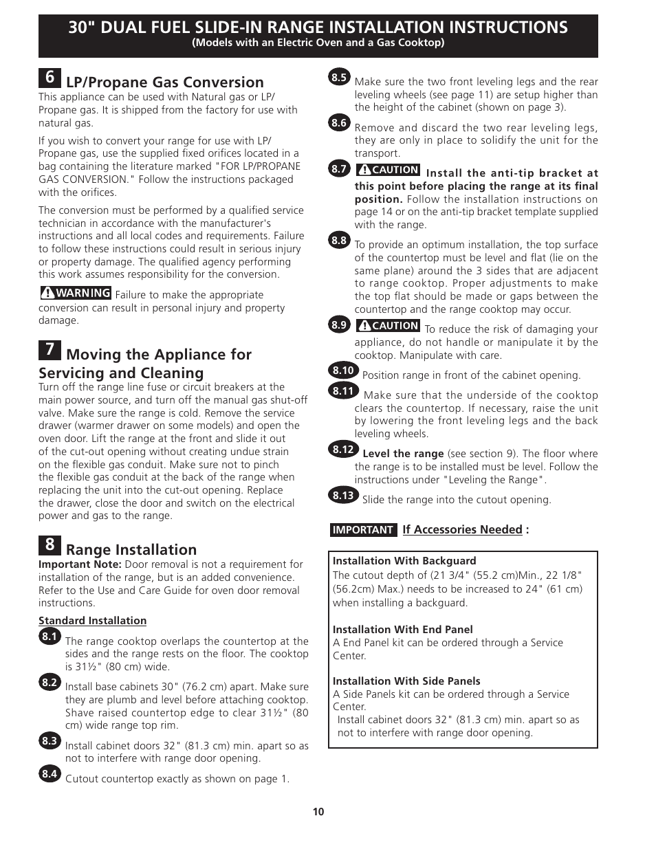Lp/propane gas conversion, Moving the appliance for servicing and cleaning, Range installation | Electrolux EI30DS55JS User Manual | Page 10 / 44