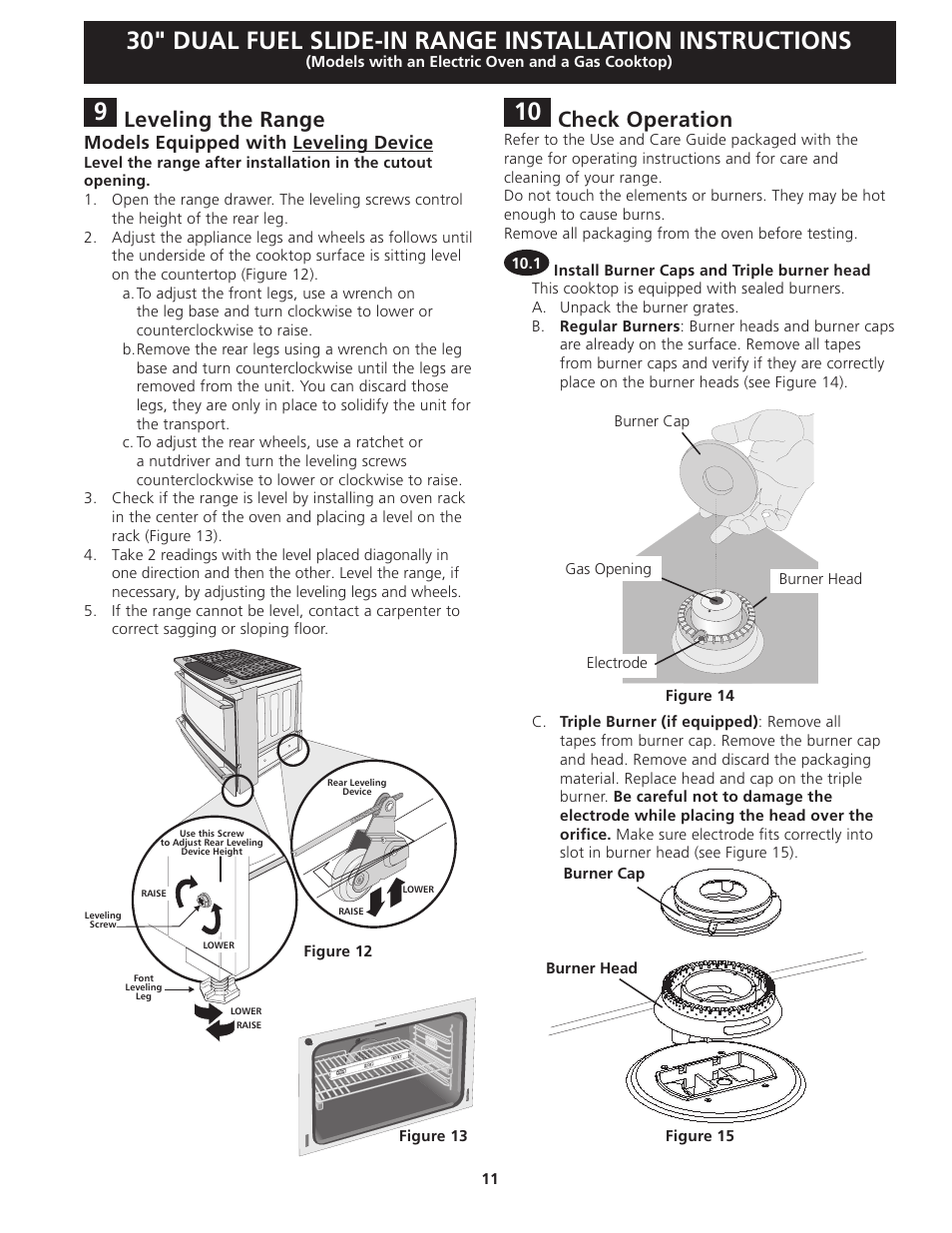 Check operation, Leveling the range, Models equipped with leveling device | Electrolux EI30DS55JS User Manual | Page 11 / 44