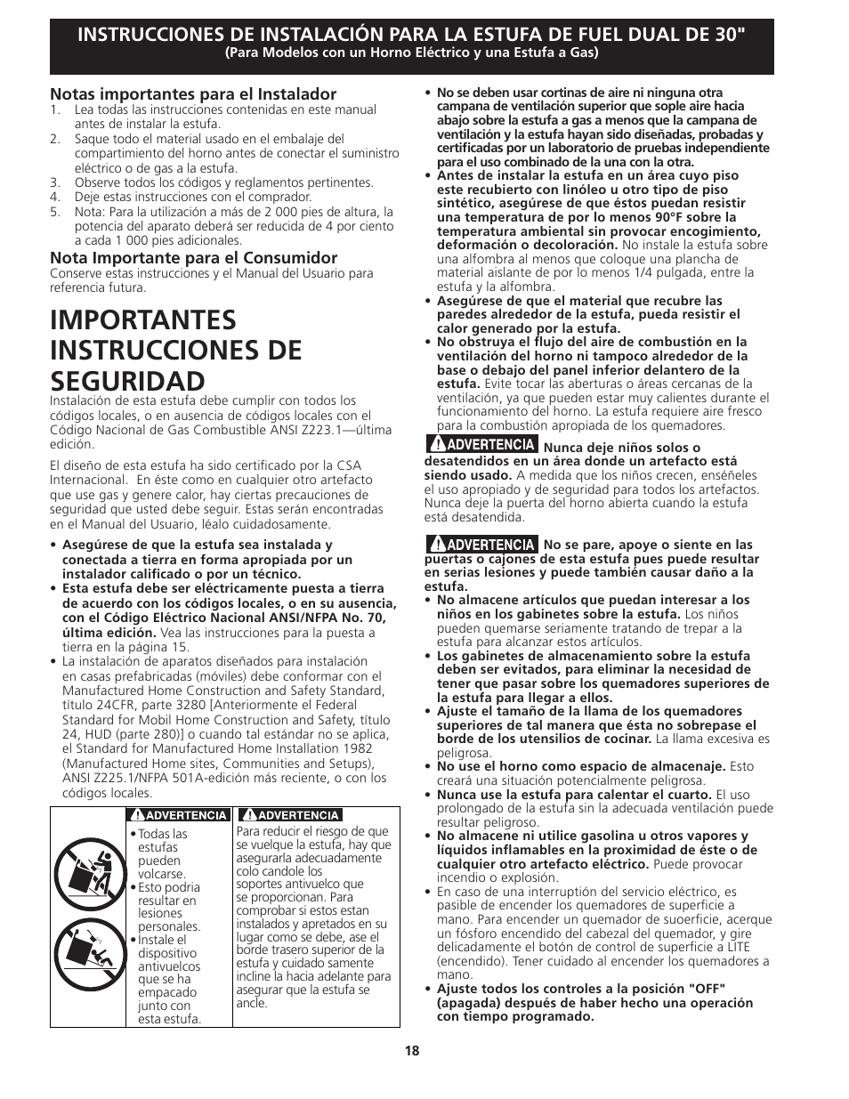 Importantes instrucciones de seguridad, Notas importantes para el instalador, Nota importante para el consumidor | Electrolux EI30DS55JS User Manual | Page 18 / 44