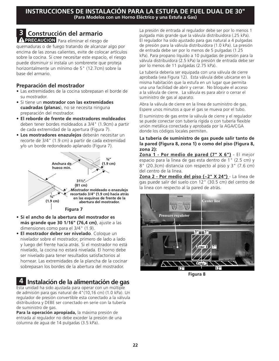 Construcción del armario, Instalación de la alimentación de gas | Electrolux EI30DS55JS User Manual | Page 22 / 44
