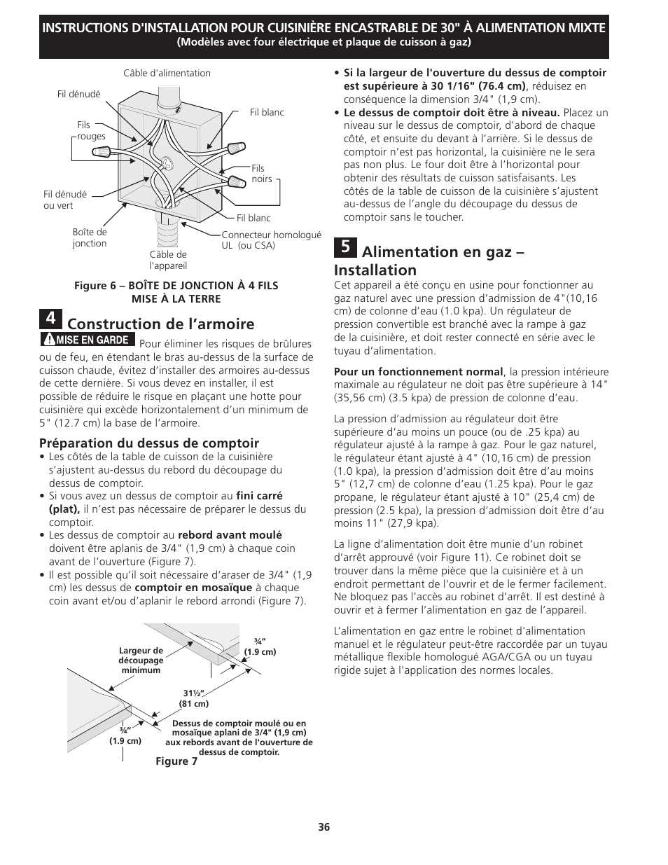 Construction de l’armoire, Alimentation en gaz – installation | Electrolux EI30DS55JS User Manual | Page 36 / 44