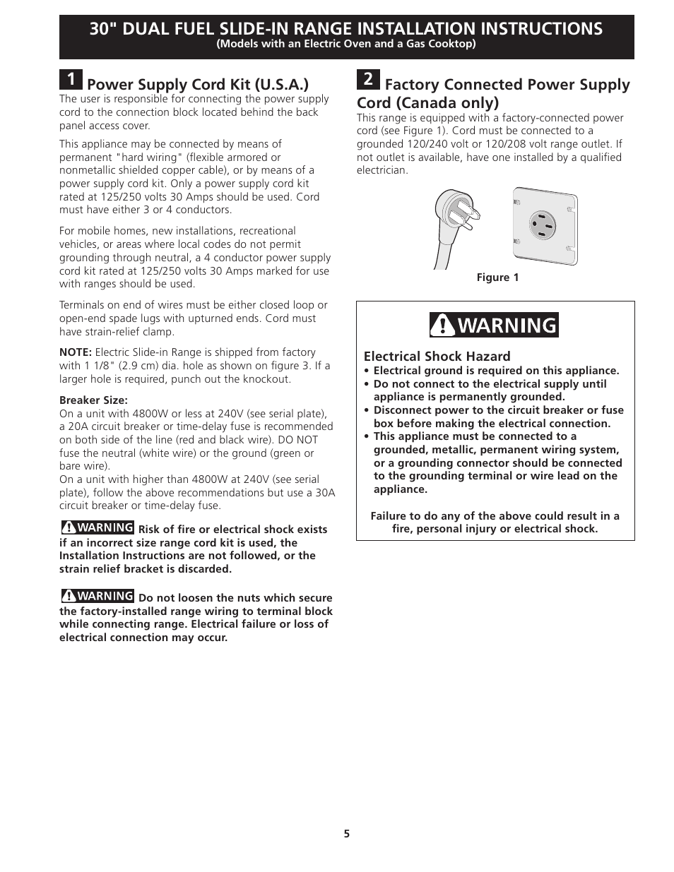 Power supply cord kit (u.s.a.), Factory connected power supply cord (canada only) | Electrolux EI30DS55JS User Manual | Page 5 / 44