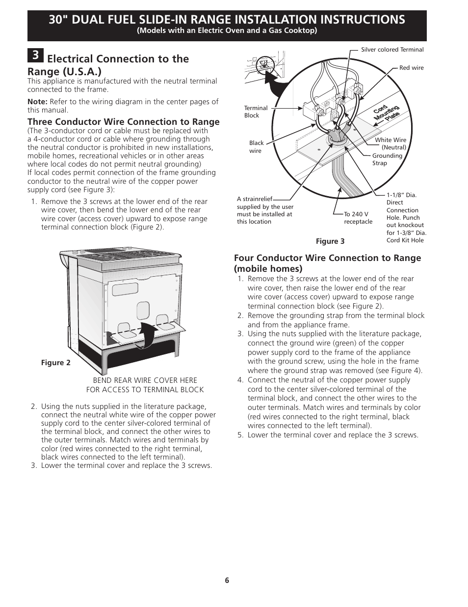 Electrical connection to the range (u.s.a.), Three conductor wire connection to range | Electrolux EI30DS55JS User Manual | Page 6 / 44