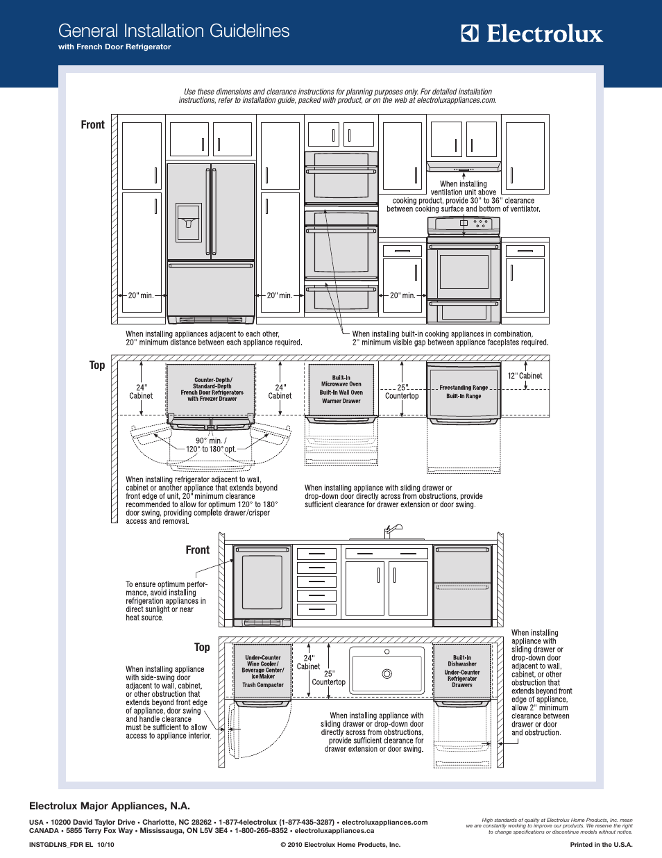 General installation guidelines, Front, Front top top | Electrolux major appliances, n.a | Electrolux EWDW6505GS User Manual | Page 4 / 4