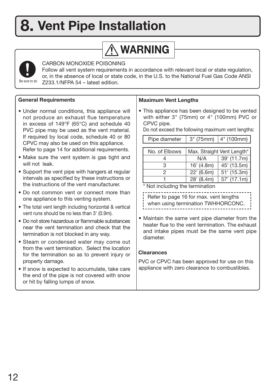 Vent pipe installation, Warning | Electrolux EP19WI30LS User Manual | Page 14 / 84