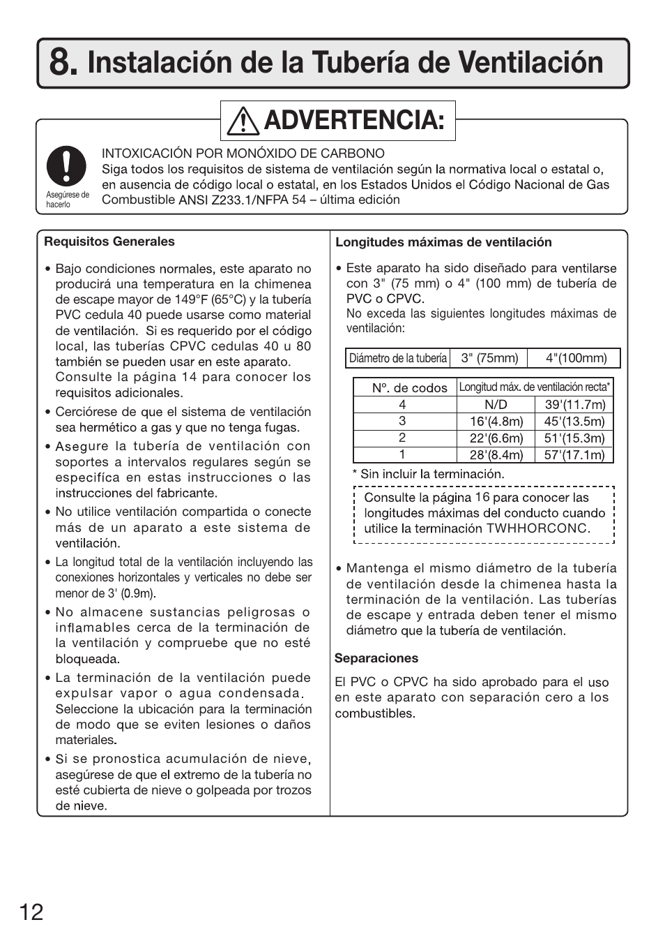 Instalación de la tubería de ventilación, Advertencia | Electrolux EP19WI30LS User Manual | Page 56 / 84