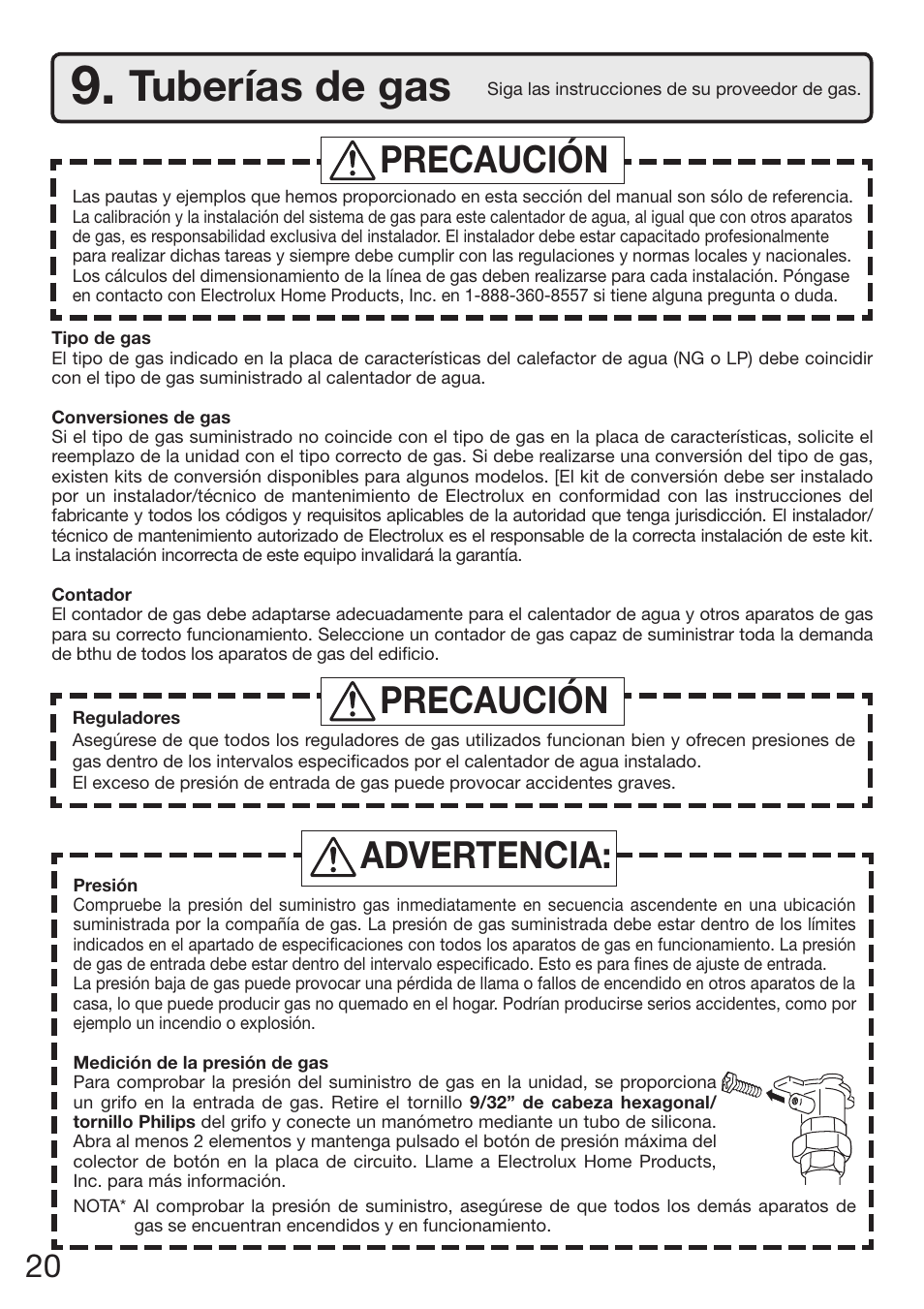 Tuberías de gas, Precaución, Advertencia: precaución | Electrolux EP19WI30LS User Manual | Page 64 / 84