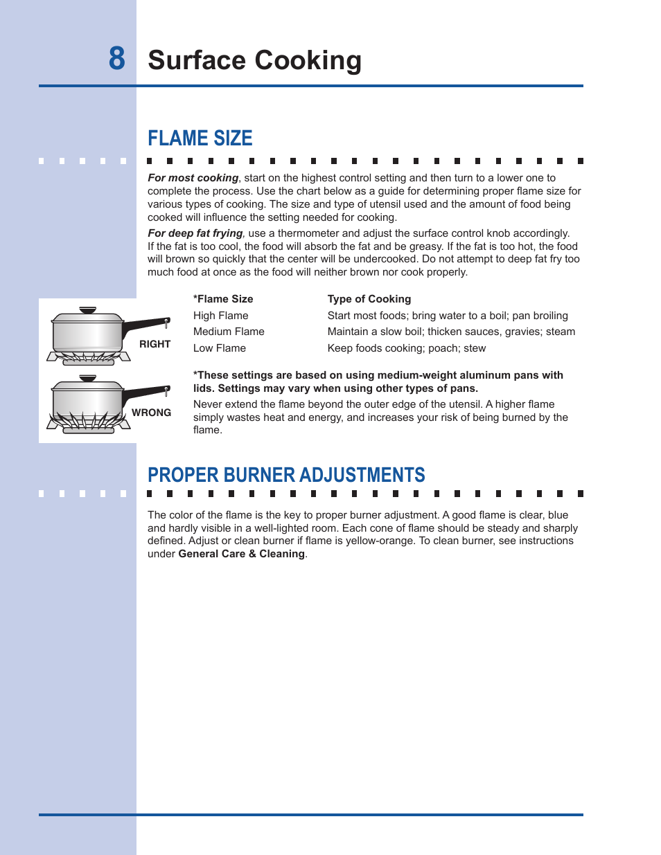 Surface cooking, Flame size, Proper burner adjustments | Electrolux EW30GC55GB User Manual | Page 8 / 20