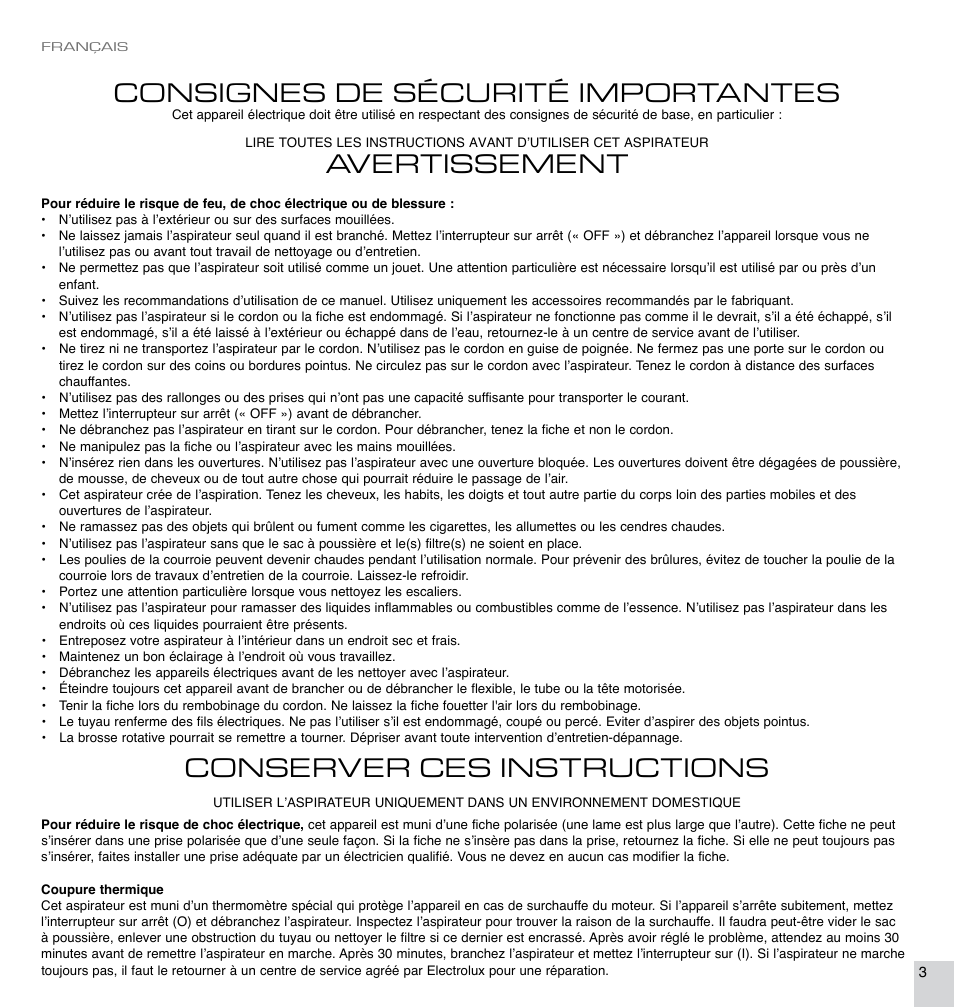 Consignes de sécurité importantes, Avertissement, Conserver ces instructions | Electrolux EL7063A User Manual | Page 3 / 16
