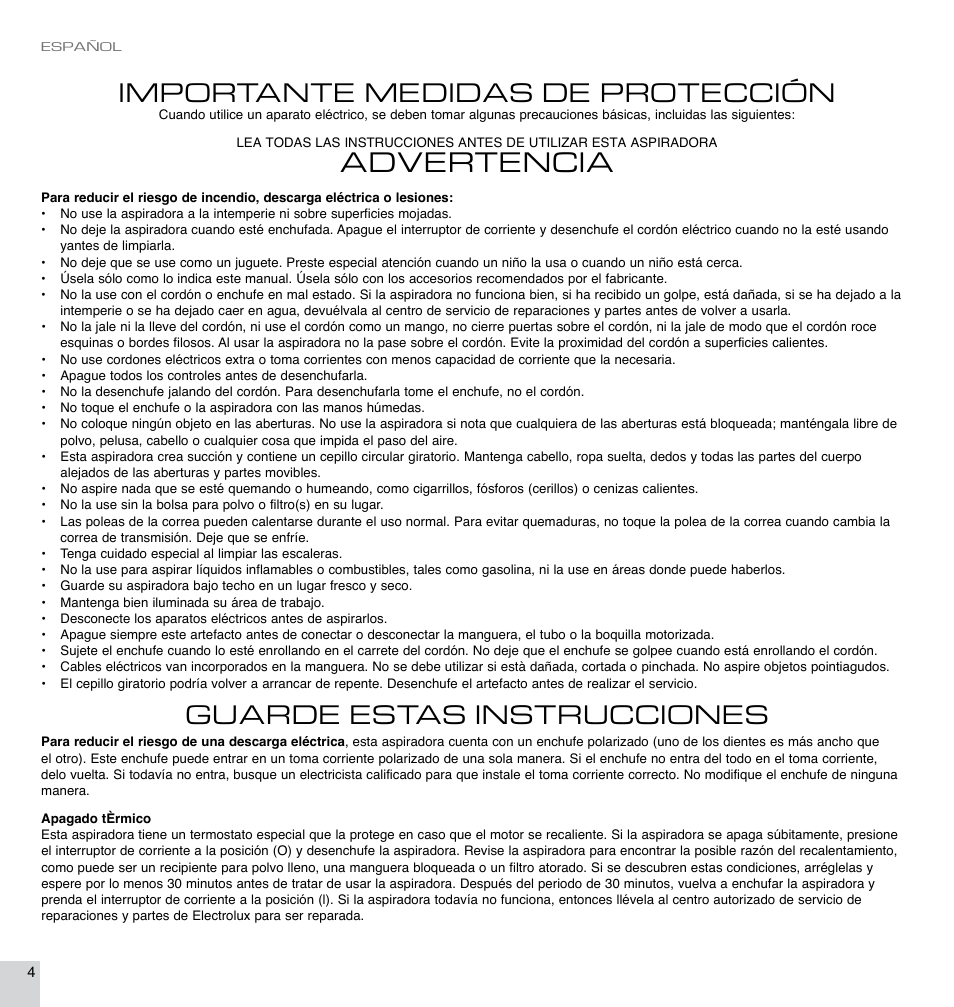 Advertencia, Importante medidas de protección, Guarde estas instrucciones | Electrolux EL7063A User Manual | Page 4 / 16