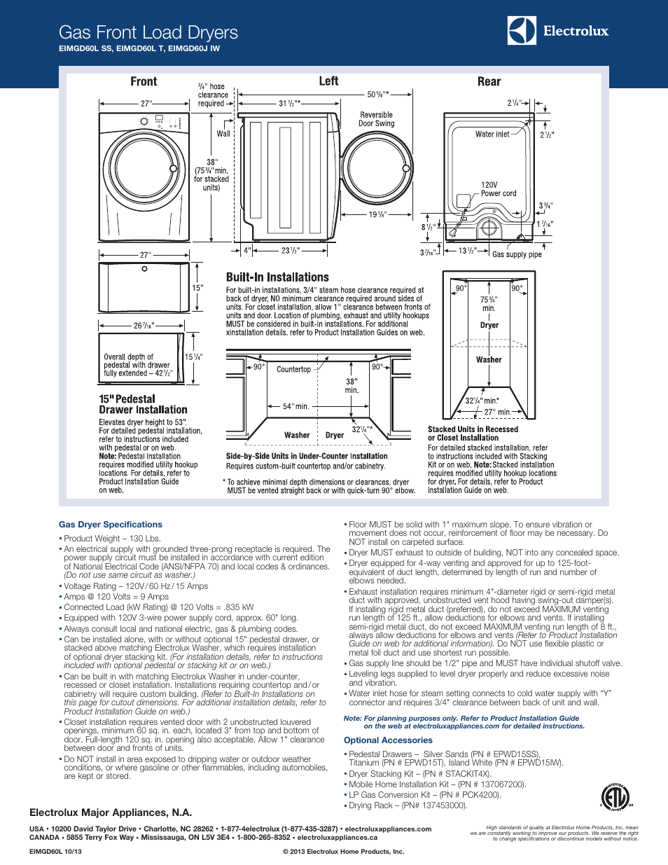 Gas front load dryers | Electrolux EIMGD60LT User Manual | Page 2 / 2