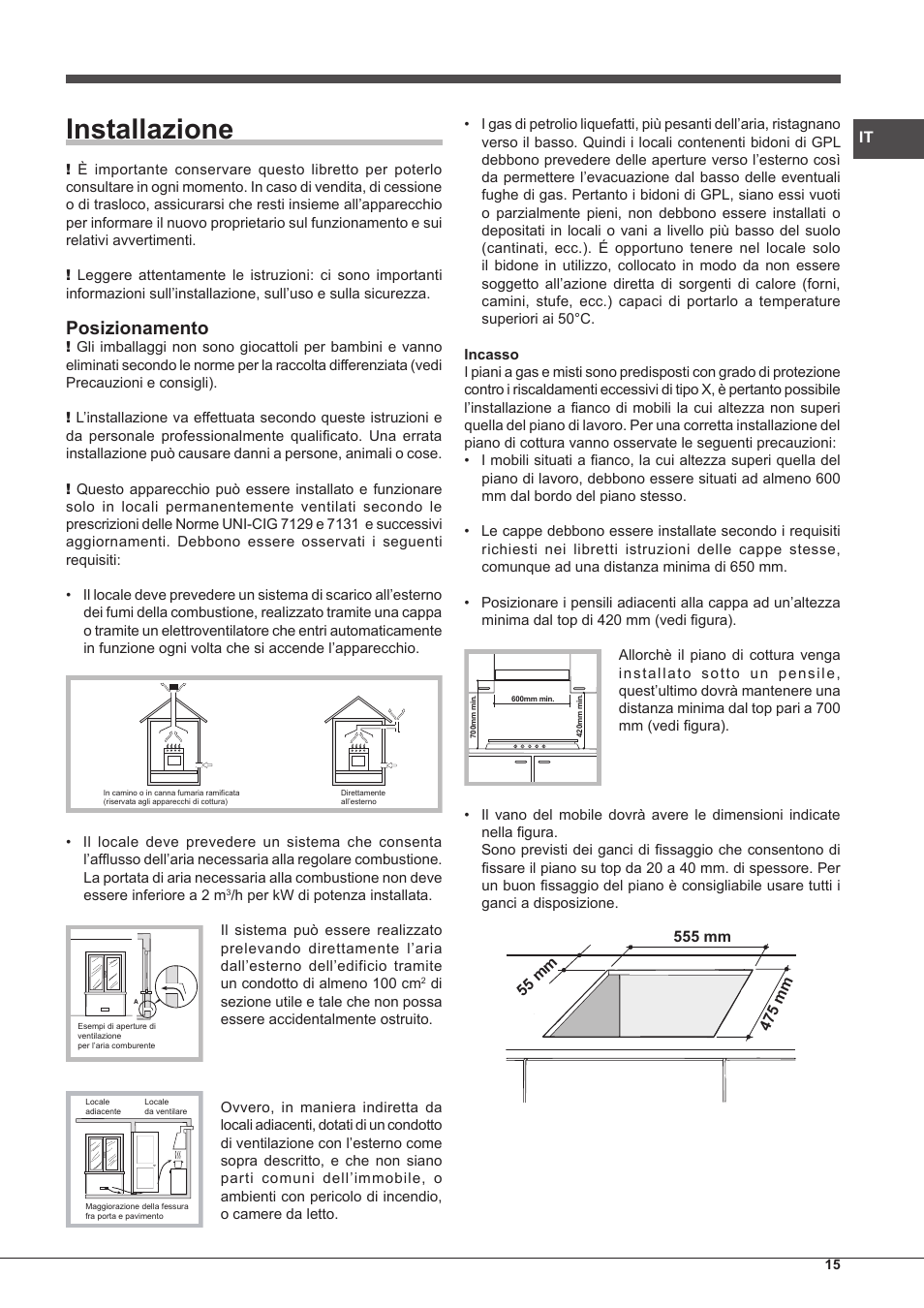 Installazione, Posizionamento | Hotpoint Ariston PH 750 T (AV) R-HA User Manual | Page 15 / 84