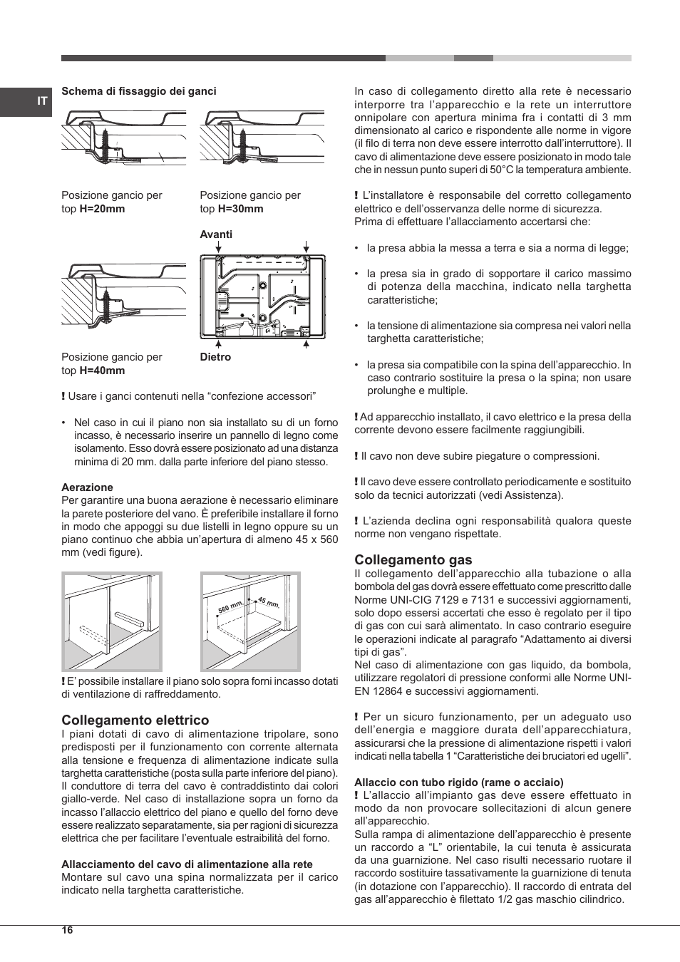 Collegamento elettrico, Collegamento gas | Hotpoint Ariston PH 750 T (AV) R-HA User Manual | Page 16 / 84