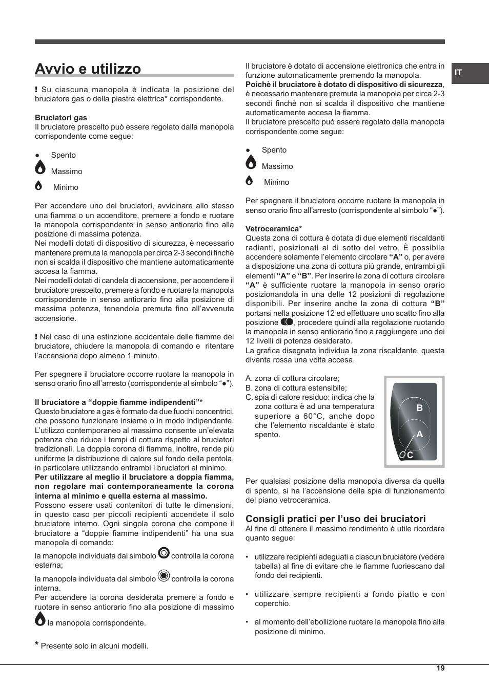 Avvio e utilizzo, Consigli pratici per l’uso dei bruciatori | Hotpoint Ariston PH 750 T (AV) R-HA User Manual | Page 19 / 84