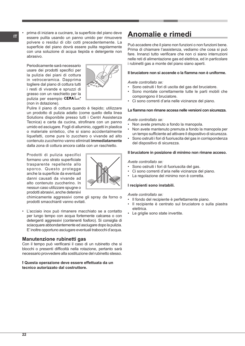 Anomalie e rimedi, Manutenzione rubinetti gas | Hotpoint Ariston PH 750 T (AV) R-HA User Manual | Page 22 / 84