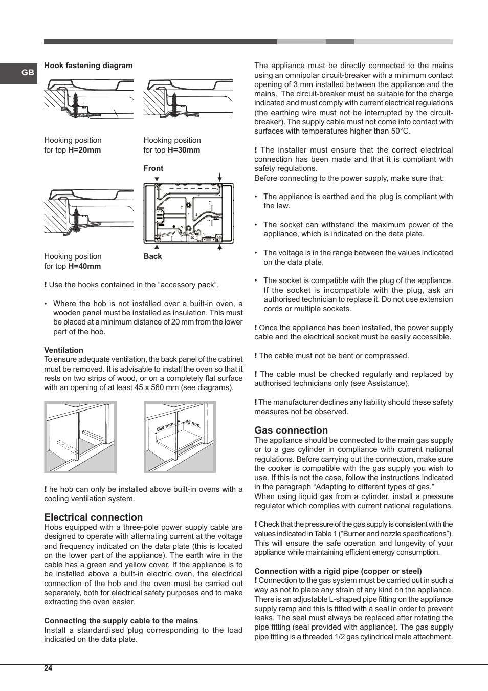 Electrical connection, Gas connection | Hotpoint Ariston PH 750 T (AV) R-HA User Manual | Page 24 / 84