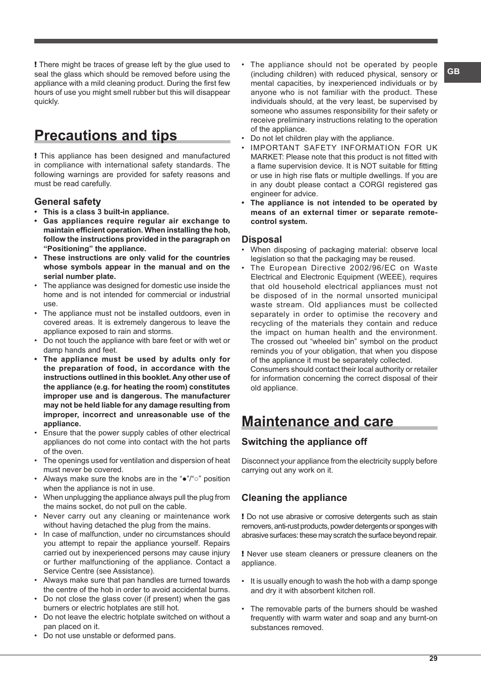 Precautions and tips, Maintenance and care, General safety | Disposal, Switching the appliance off, Cleaning the appliance | Hotpoint Ariston PH 750 T (AV) R-HA User Manual | Page 29 / 84