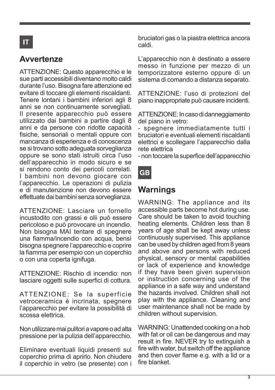 Avvertenze, Warnings | Hotpoint Ariston PH 750 T (AV) R-HA User Manual | Page 3 / 84