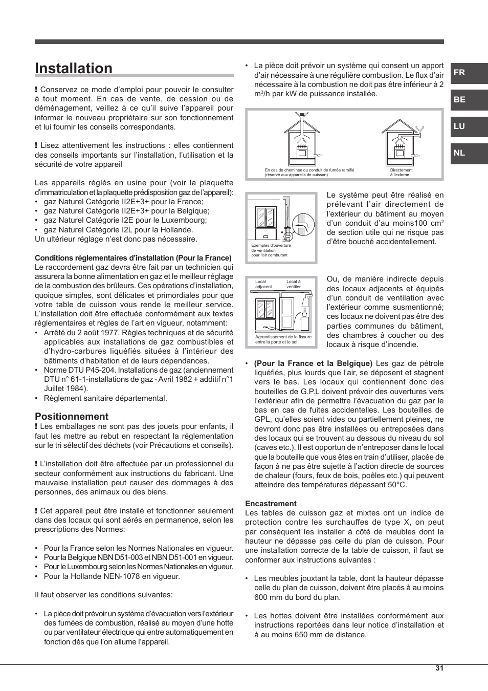 Installation, Positionnement | Hotpoint Ariston PH 750 T (AV) R-HA User Manual | Page 31 / 84