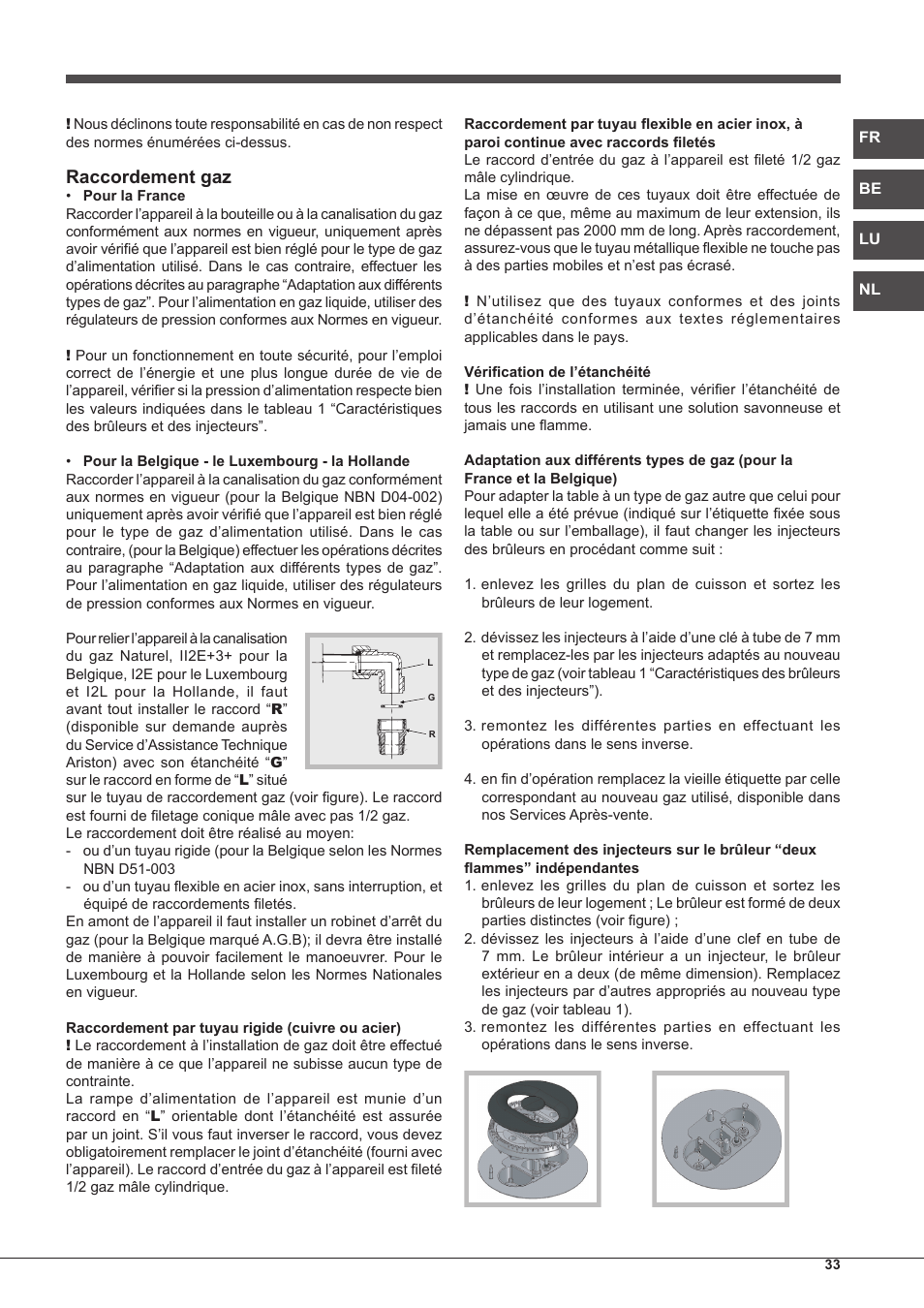 Raccordement gaz | Hotpoint Ariston PH 750 T (AV) R-HA User Manual | Page 33 / 84